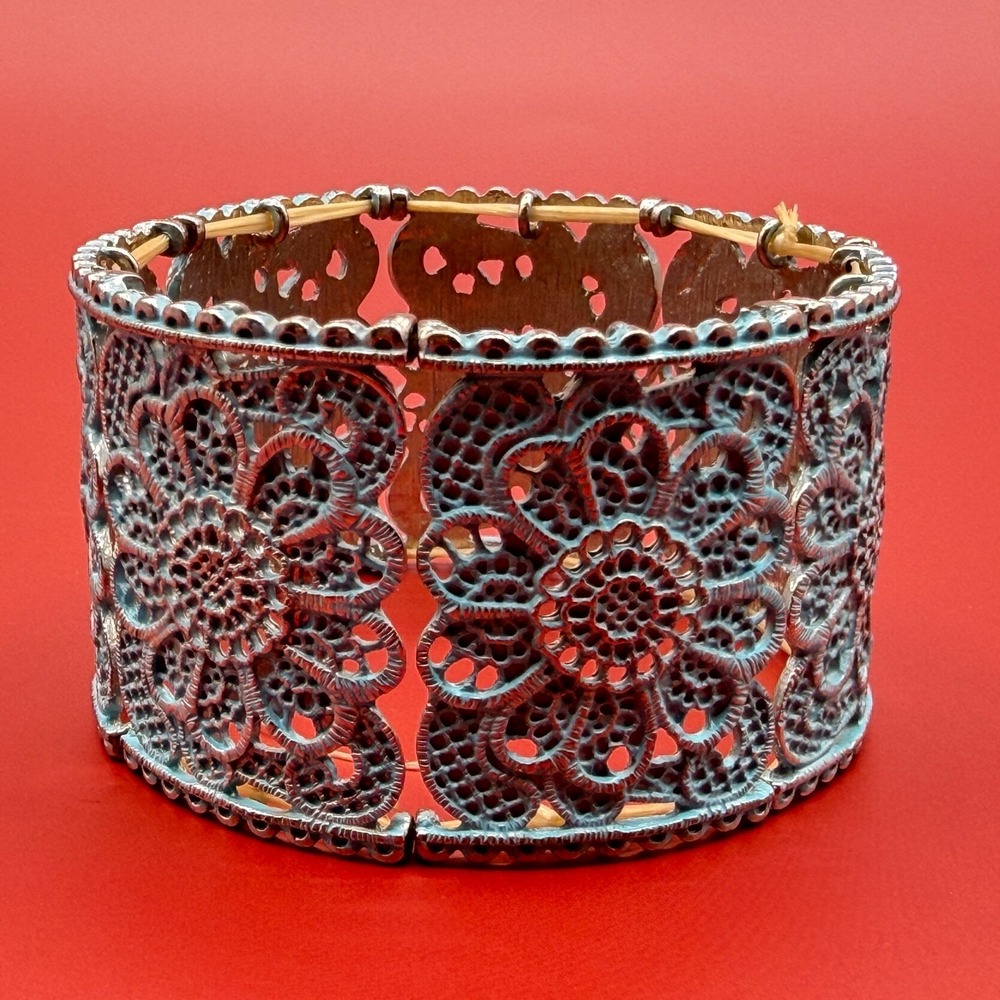 Turquoise Tone Patina Floral Filigree Wide Stretch Bracelet Statement Vintage